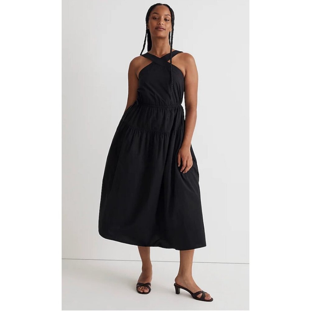 Madewell $148 Poplin Halter Tiered Midi Dress Black Size 4 NL129